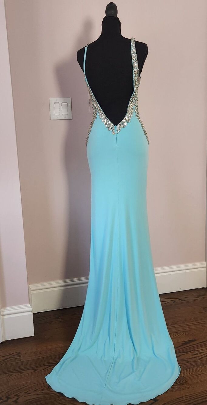 NWT-Jovani Couture Beaded Plunge Gown Tiffany Blue Slit Dress-Size 4 - Picture 4 of 16